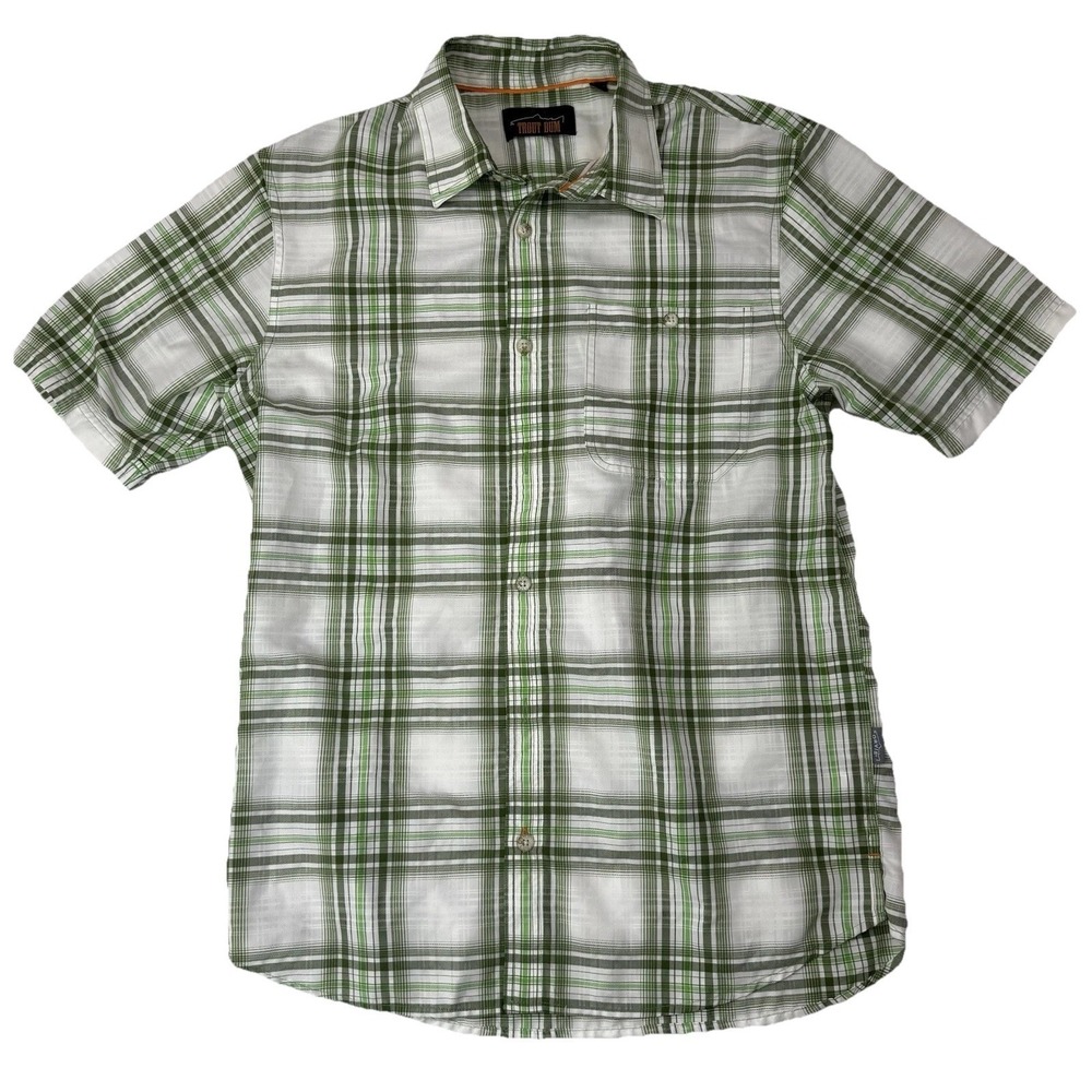 Orvis Trout Bum Black Green Plaid Collared Button Down SS Shirt Mens Medium